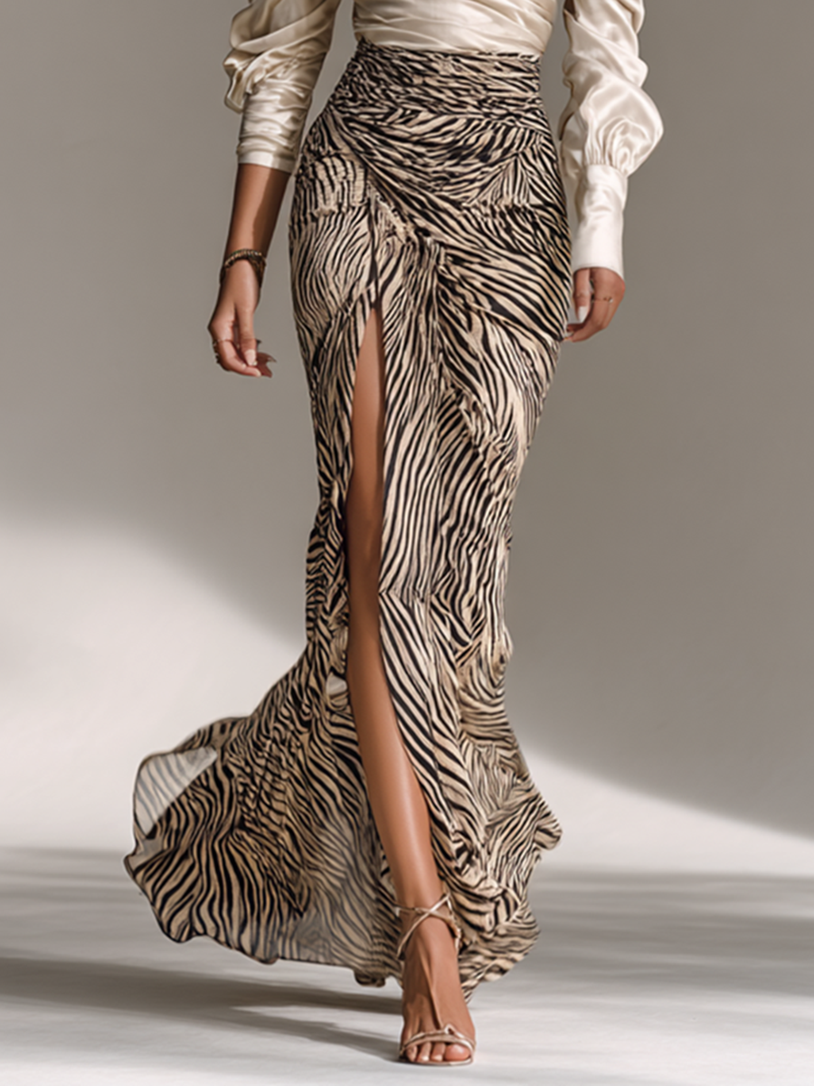 Women's Satin Off-shoulder Long-sleeved Top With Zebra Print Hip-wrapped Slit Skirt Two-piece Set