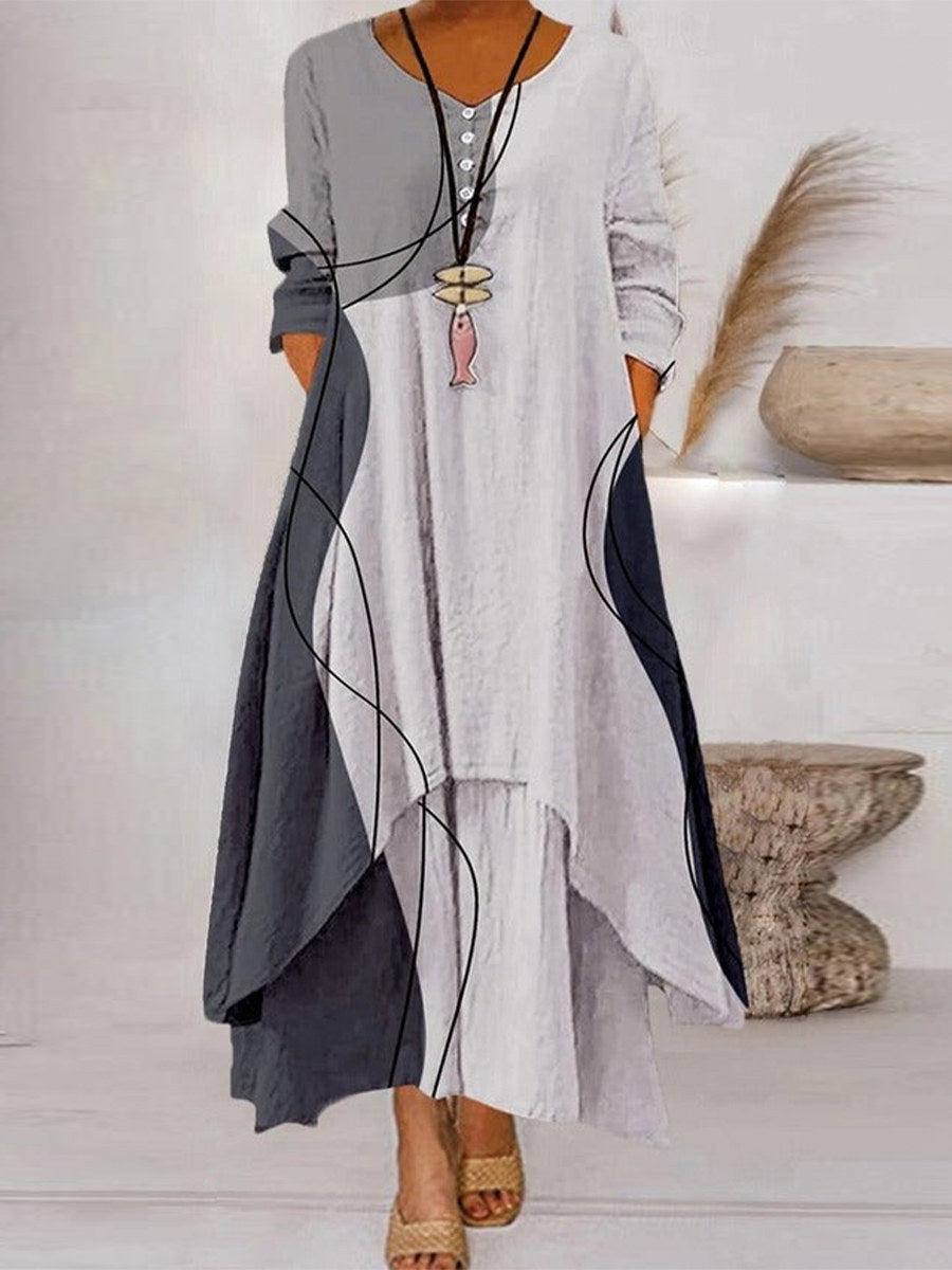 Geo | Color Block Crew Neck 3/4 Sleeve Maxi Dress