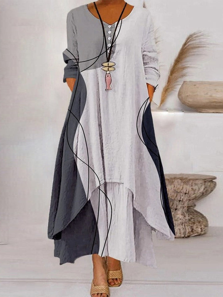 Geo | Color Block Crew Neck 3/4 Sleeve Maxi Dress