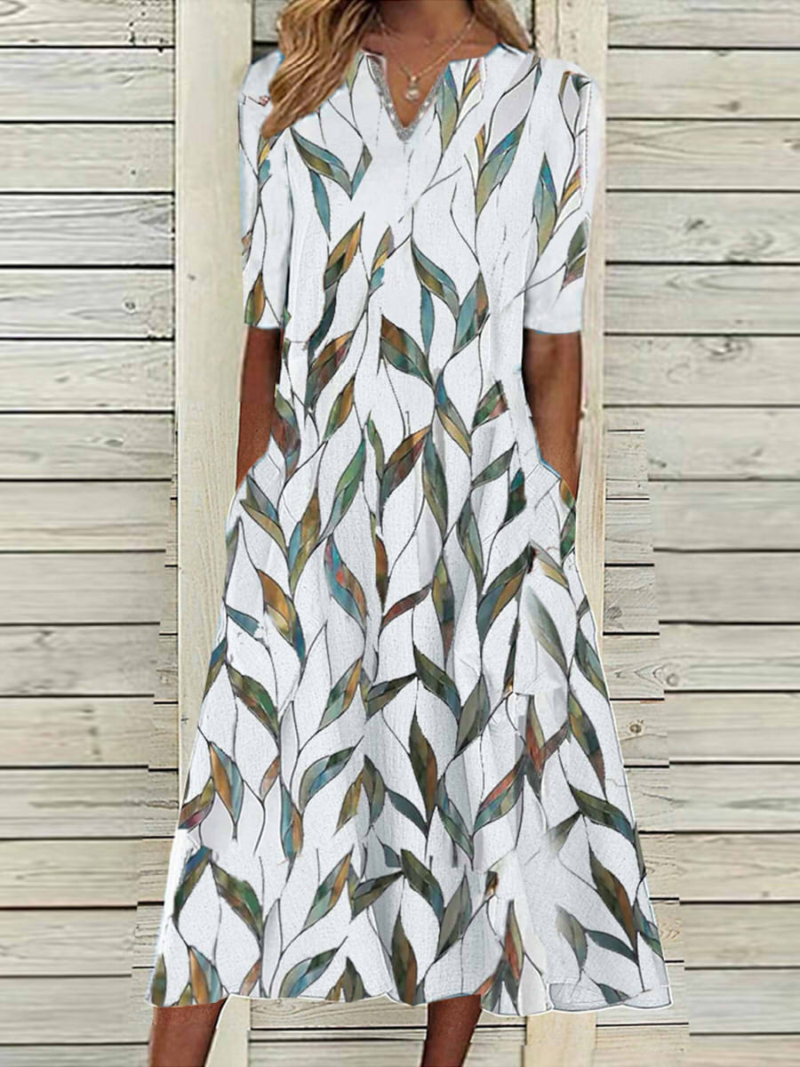 Folia | Leaf Print V-Neck Midi Dress with Pockets