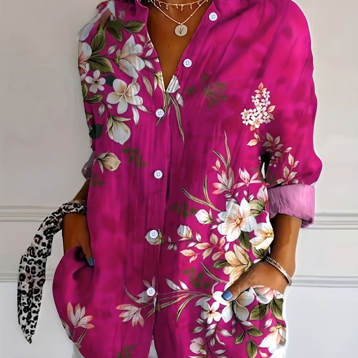 Flora | Floral Print Collared Long Sleeve Blouse