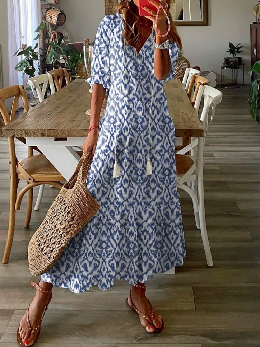 Indigo | Ikat Print V-Neck Vacation Maxi Dress