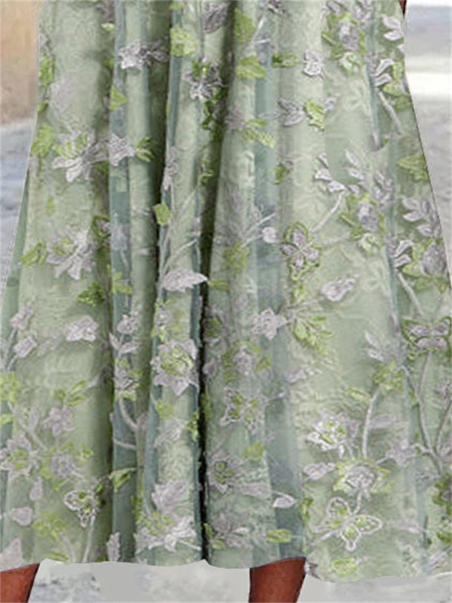 Fern | Floral Lace Stitch Square Neck Midi Dress