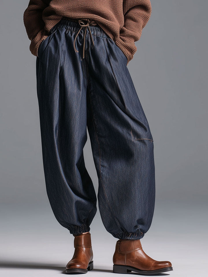 Fashion Retro Elastic Waist Navy Blue Lantern Jeans