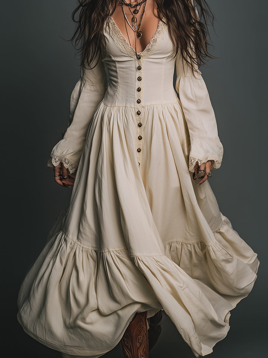 Elegant Vintage Lace Spliced single-breasted Cotton Maxi Dress