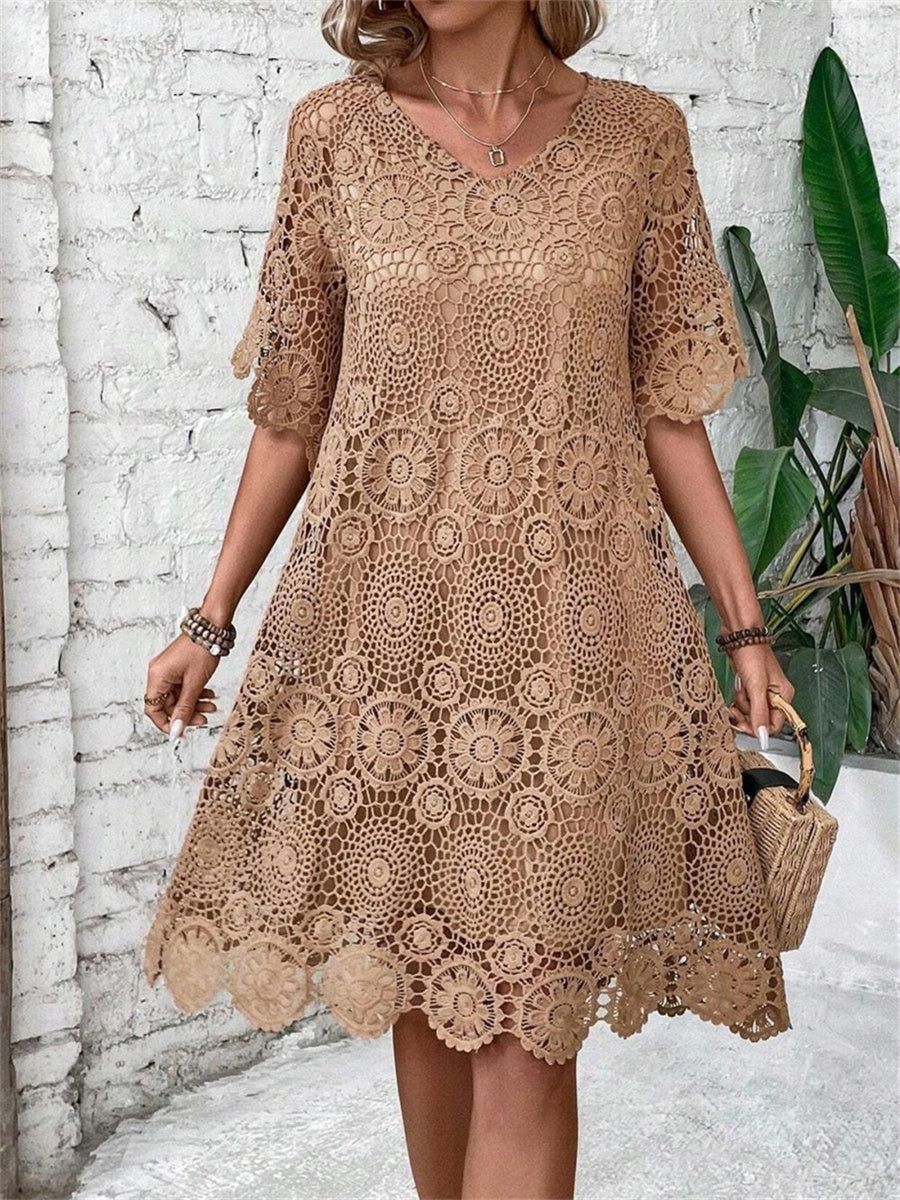 Cleo | Khaki Lace Hollow-Out Crew Neck Short Dress