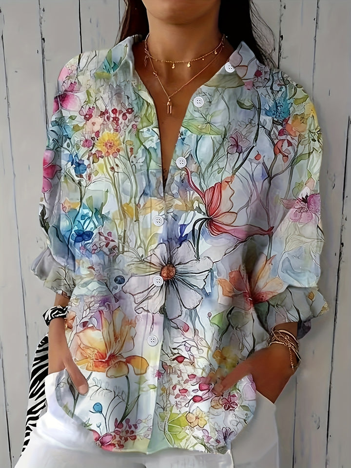 Margot | Retro Floral Button-Front Long Sleeve Blouse
