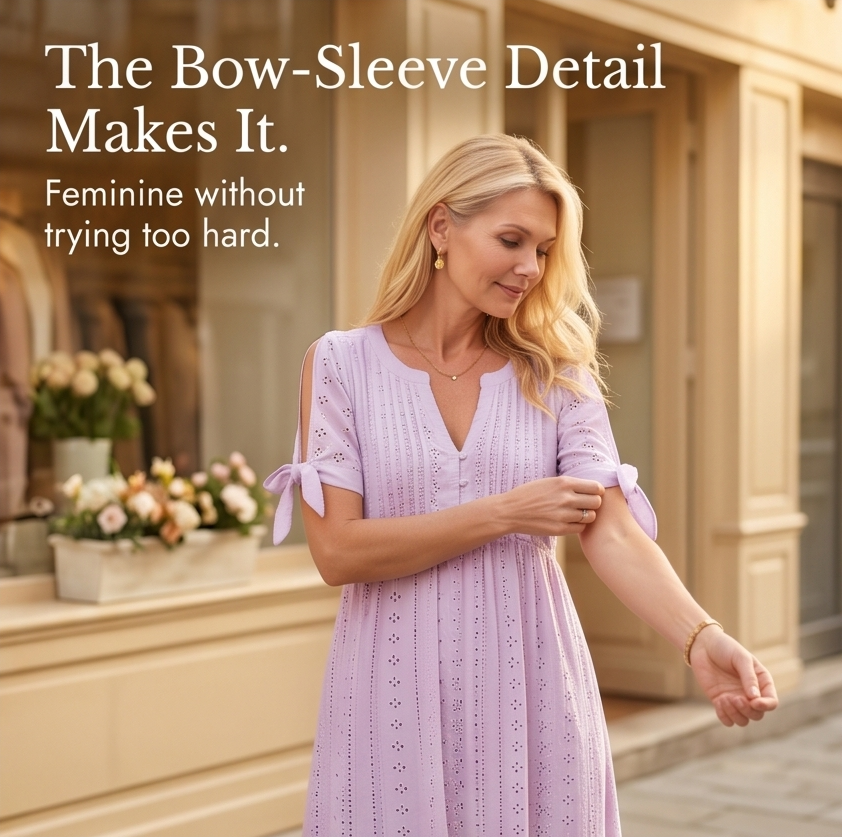 Florenza™ – Eyelet Midi Dress with Tie-Bow Sleeves