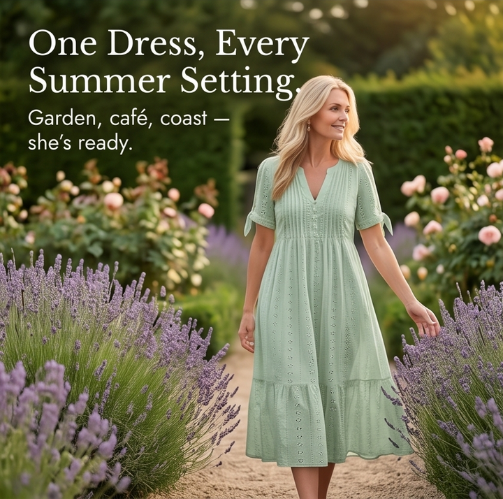Florenza™ – Eyelet Midi Dress with Tie-Bow Sleeves