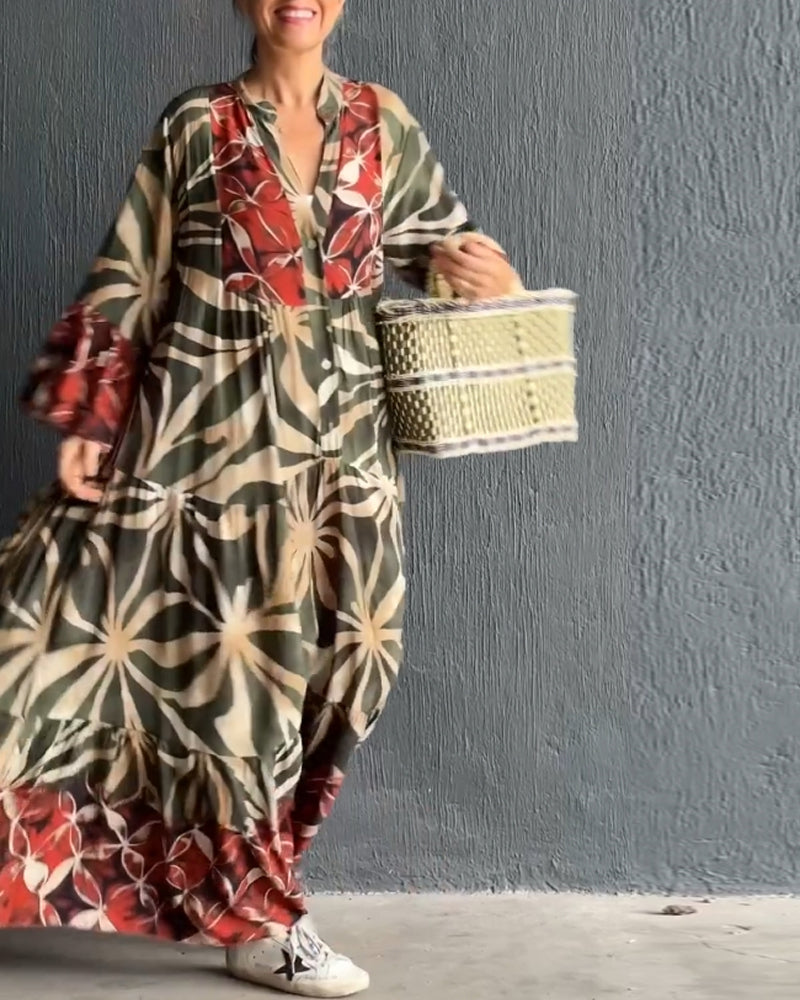 Casual, flowy vacation dress with a colorful print.