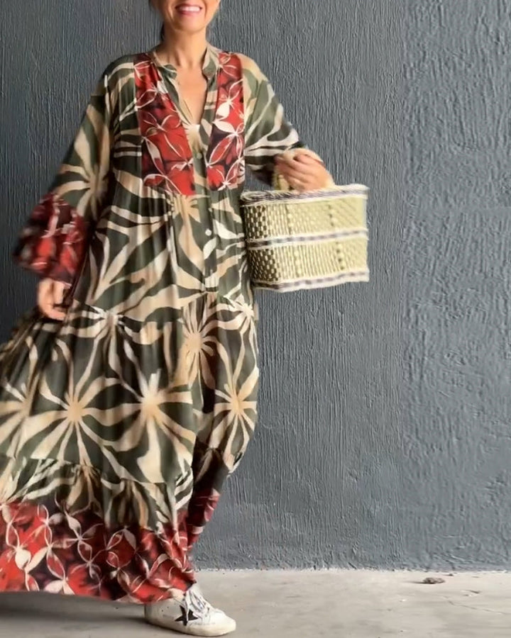 Casual, flowy vacation dress with a colorful print.