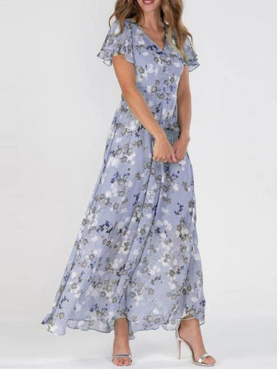 Celeste | Elegant Floral V-Neck Short Sleeve Maxi Dress