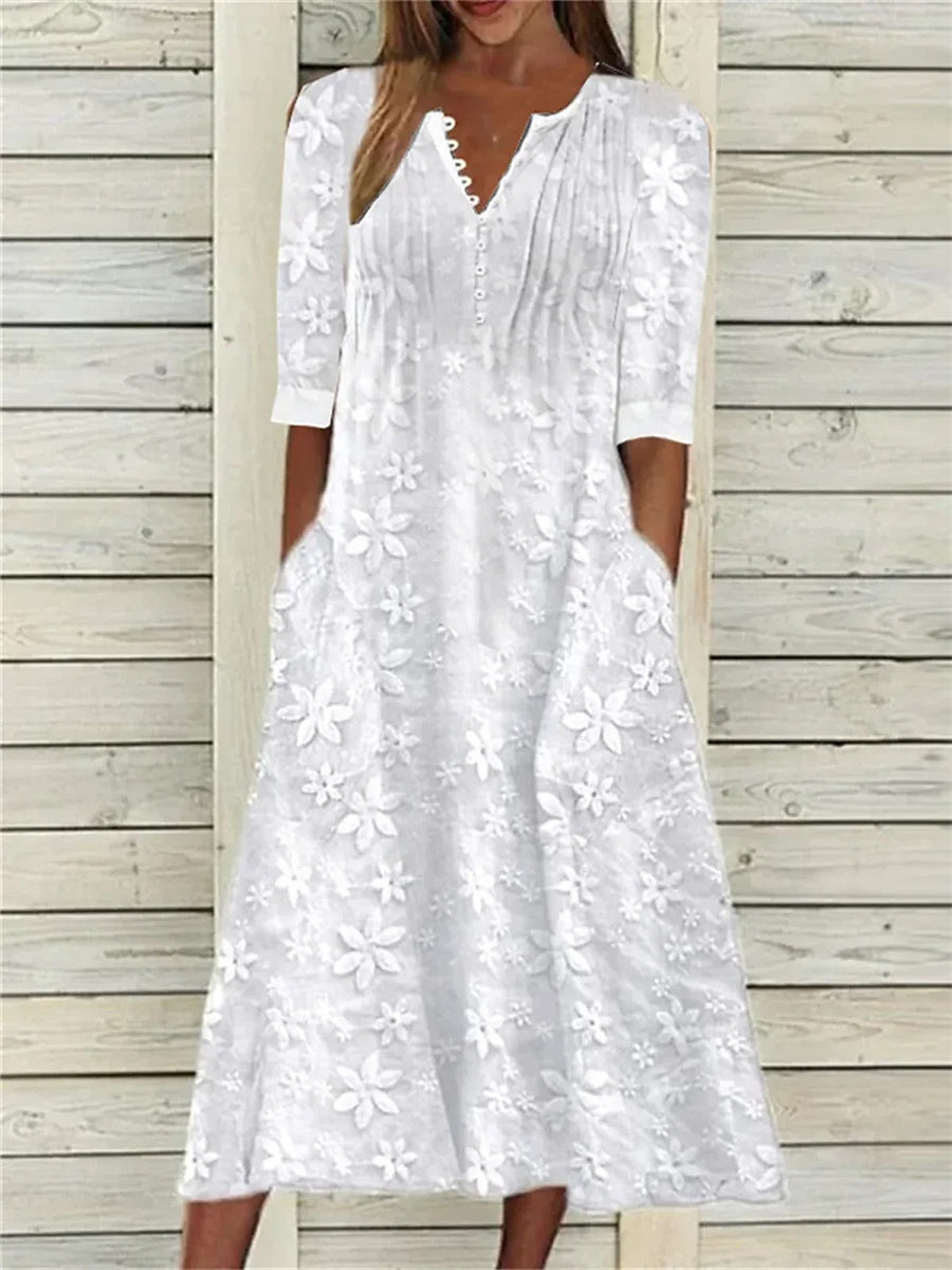 Isabella | Lace Floral V-Neck Button-Down Maxi Dress with Pockets
