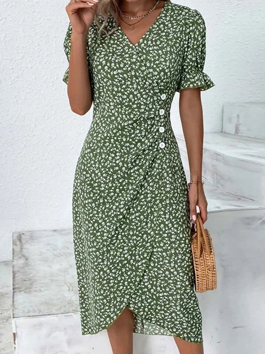 Flora | Floral V-Neck Short Sleeve Side-Button Midi Dress