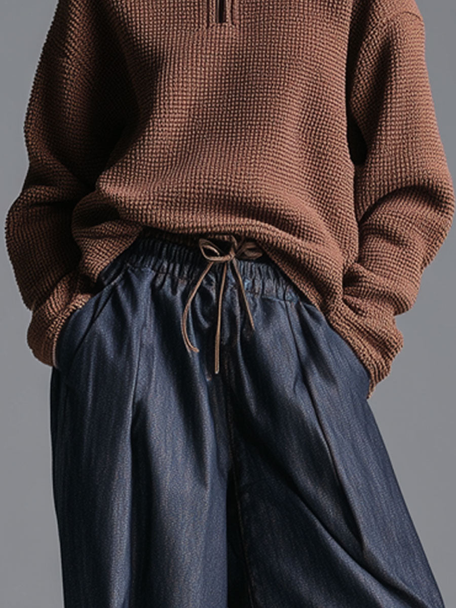 Fashion Retro Elastic Waist Navy Blue Lantern Jeans