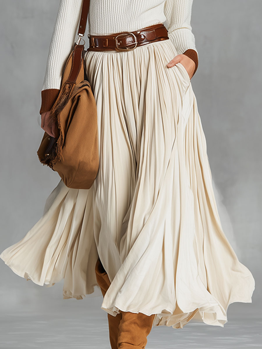 Fashionable And Simple Beige Velvet Lace-up Pocket Skirt