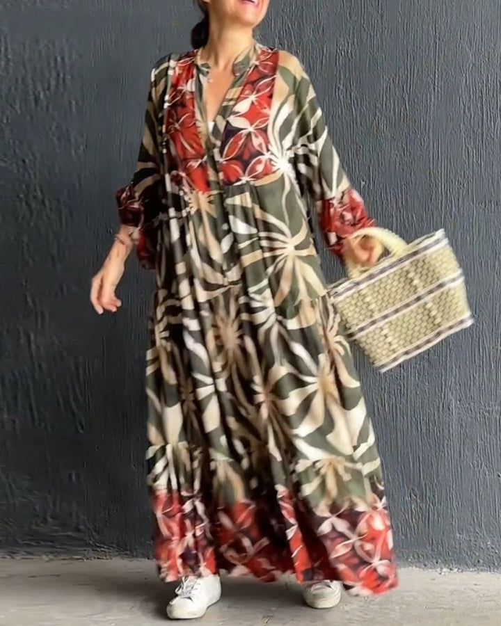 Casual, flowy vacation dress with a colorful print.