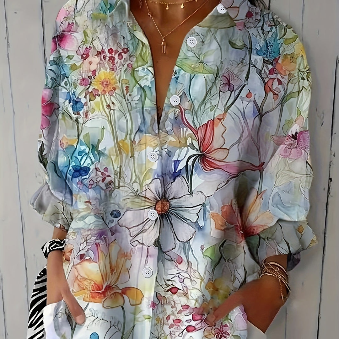 Margot | Retro Floral Button-Front Long Sleeve Blouse