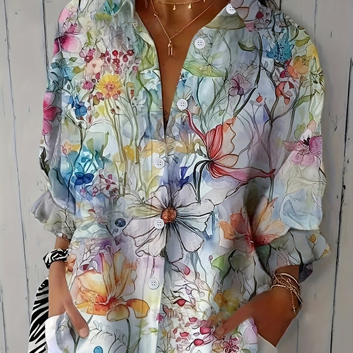 Margot | Retro Floral Button-Front Long Sleeve Blouse