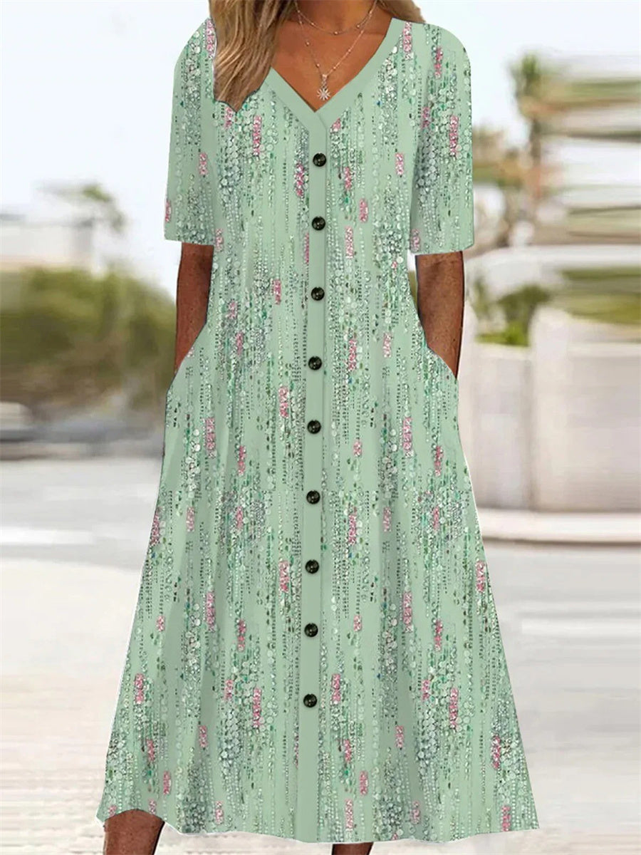 Ivy | Floral V-Neck Short Sleeve Midi Dress in Green