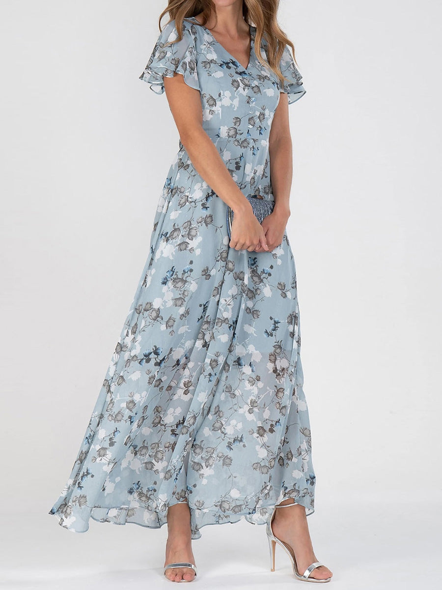 Celeste | Elegant Floral V-Neck Short Sleeve Maxi Dress