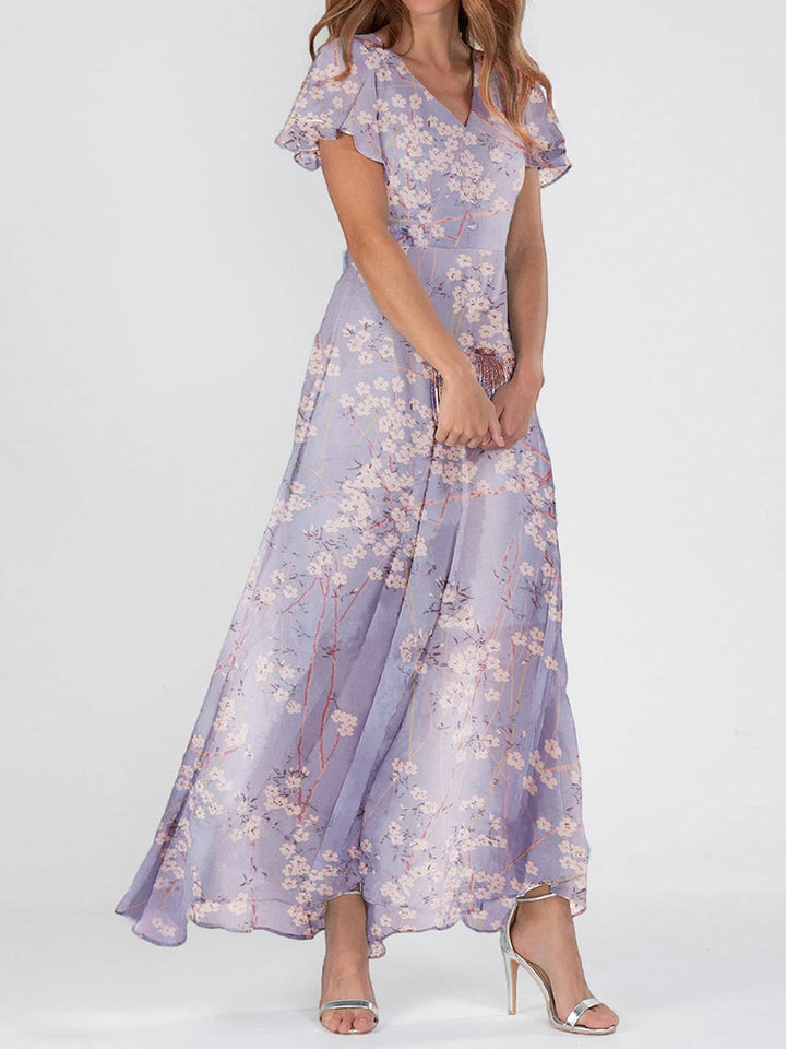 Greta | Elegant Floral V-Neck Short Sleeve Maxi Dress