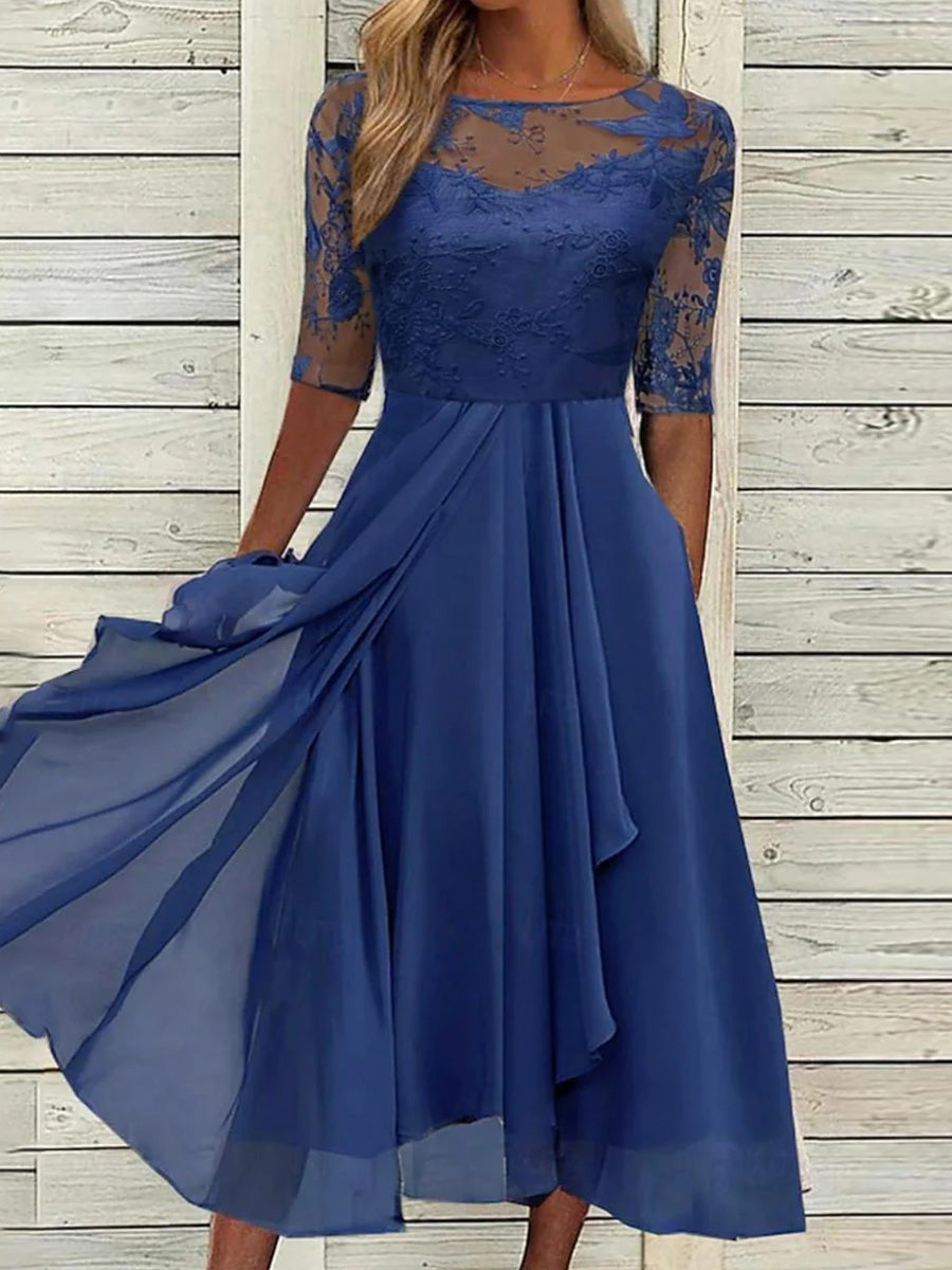 Harper | Plain Blue Round Neck Half Sleeve Midi Dress