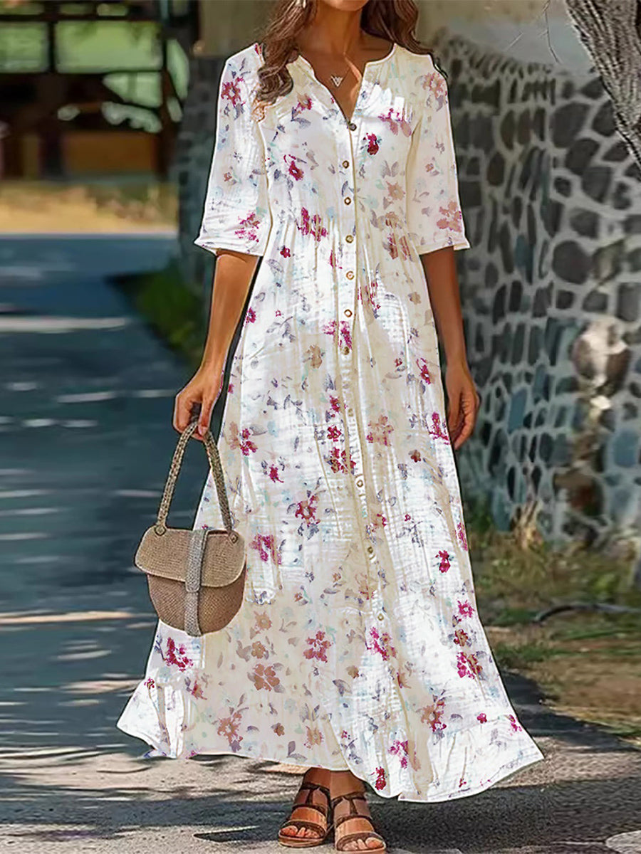 Blanche | Floral Half Sleeve Button-Front Maxi Dress