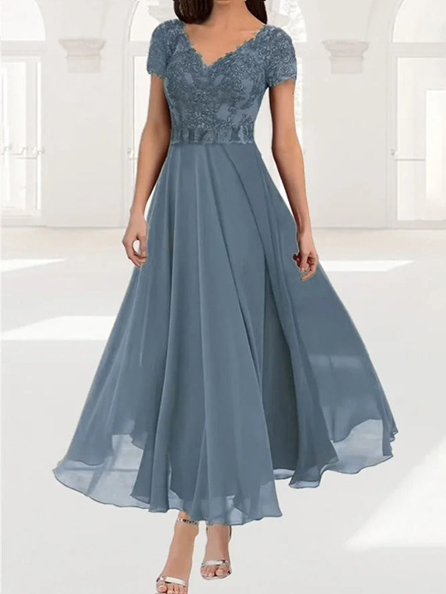 Genevieve | Plain Lace V-Neck Short Sleeve Dress