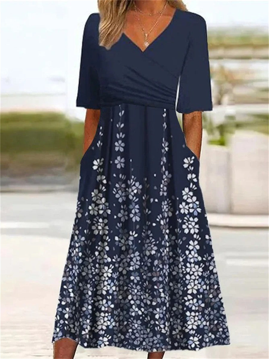Nathalie | Navy Floral V-Neck Half Sleeve Midi Dress