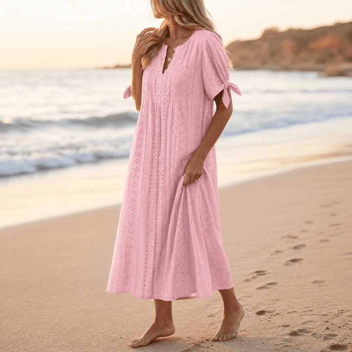 Florenza™ – Eyelet Midi Dress with Tie-Bow Sleeves