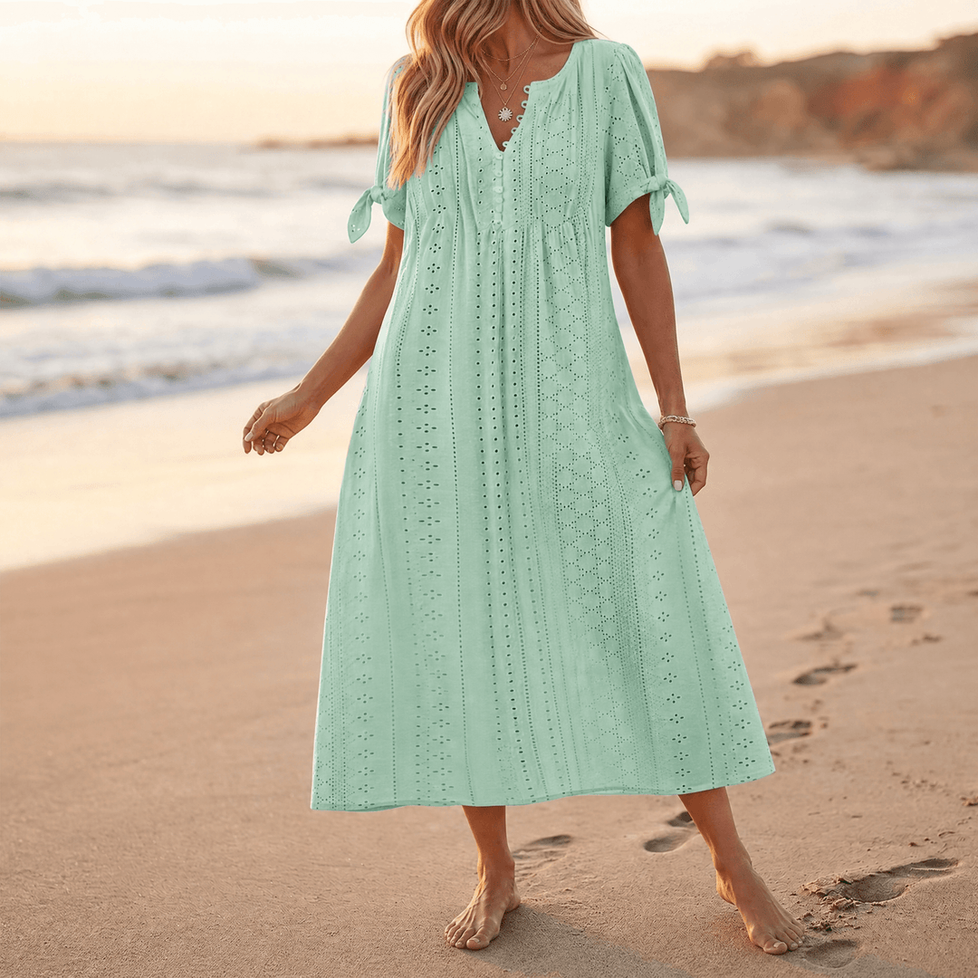 Florenza™ – Eyelet Midi Dress with Tie-Bow Sleeves
