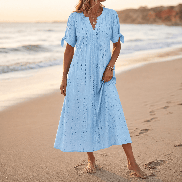 Florenza™ – Eyelet Midi Dress with Tie-Bow Sleeves
