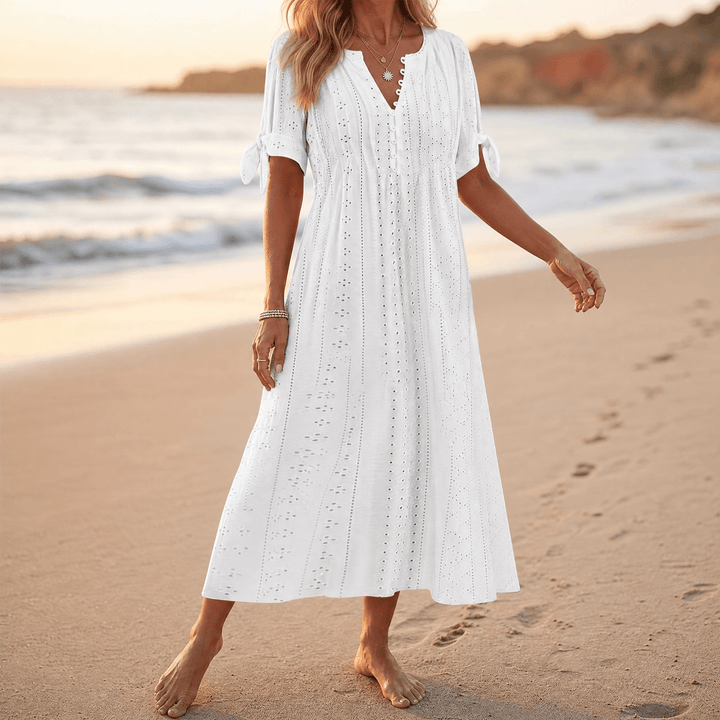 Florenza™ – Eyelet Midi Dress with Tie-Bow Sleeves