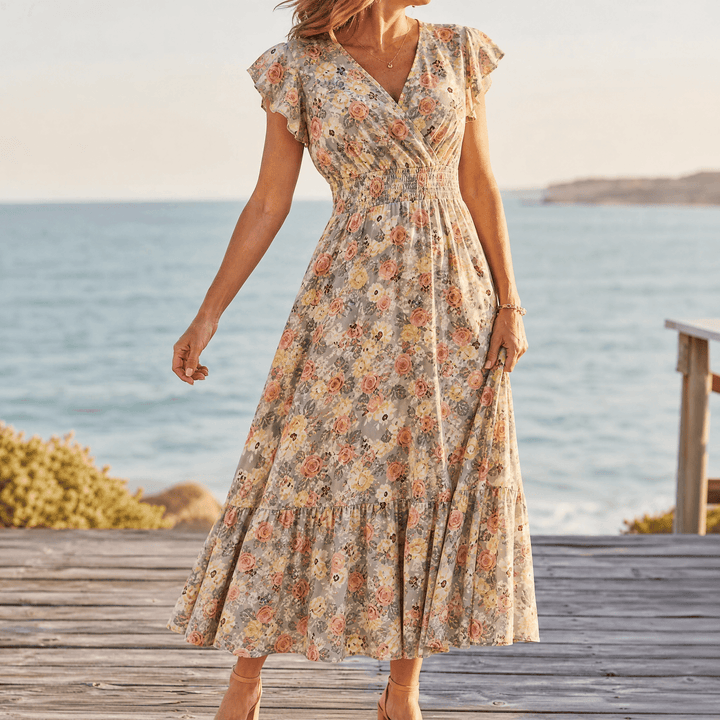 Florenza™ – Floral V-Neck Smocked Waist Midi Dress