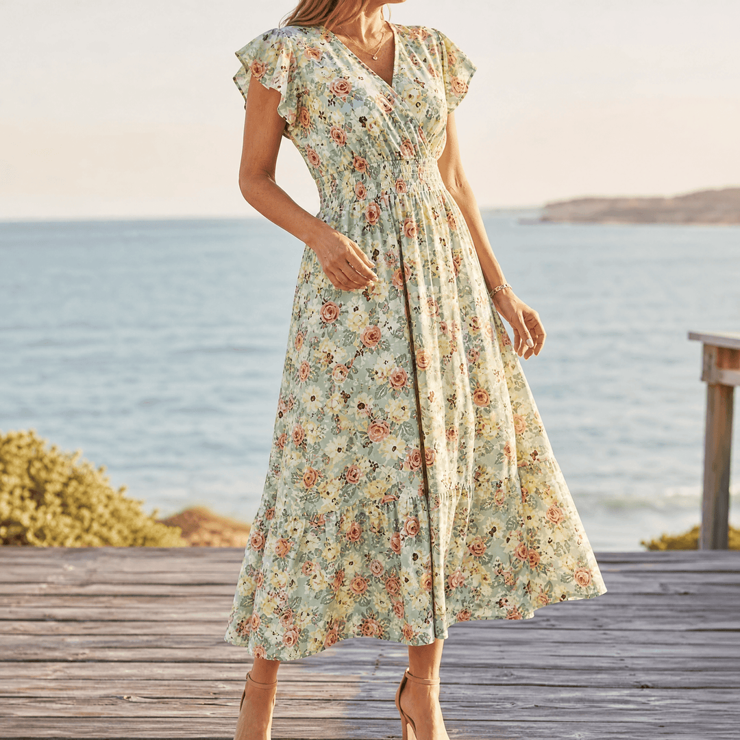 Florenza™ – Floral V-Neck Smocked Waist Midi Dress