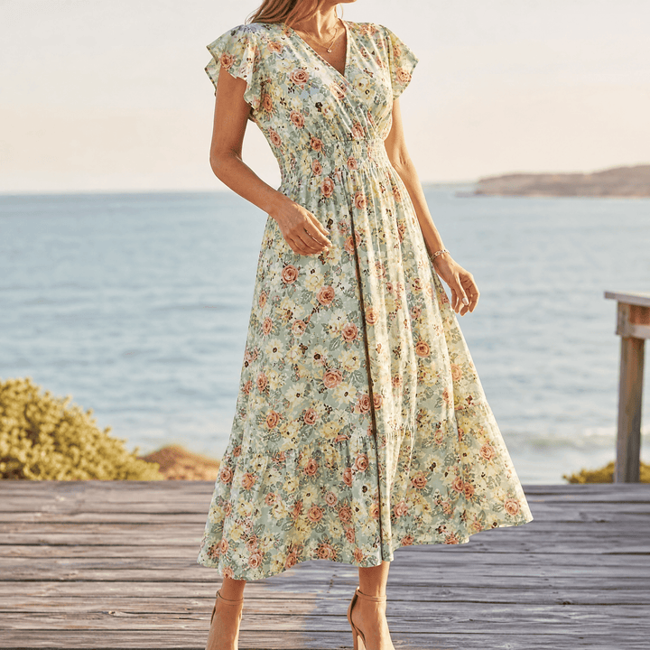 Florenza™ – Floral V-Neck Smocked Waist Midi Dress