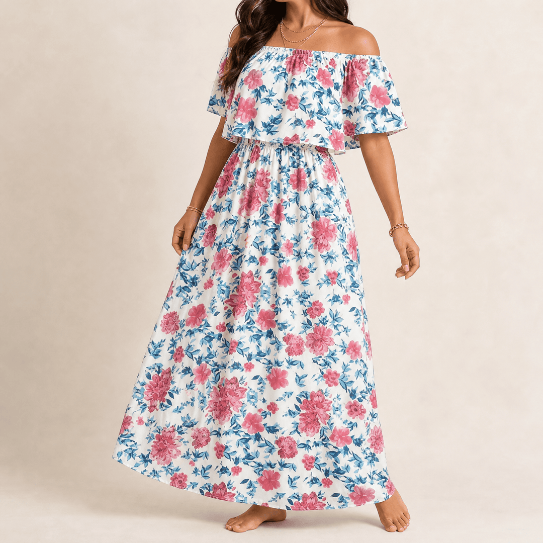 Florevia™ – Off-Shoulder Floral Maxi Dress with Hidden Pockets