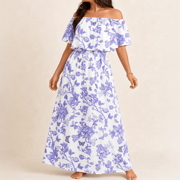 Florevia™ – Off-Shoulder Floral Maxi Dress with Hidden Pockets