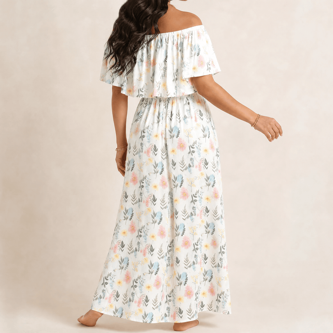 Florevia™ – Off-Shoulder Floral Maxi Dress with Hidden Pockets