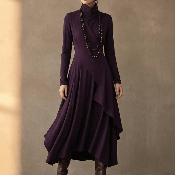 Florenne™ – Asymmetrical Draped High Neck Maxi Dress