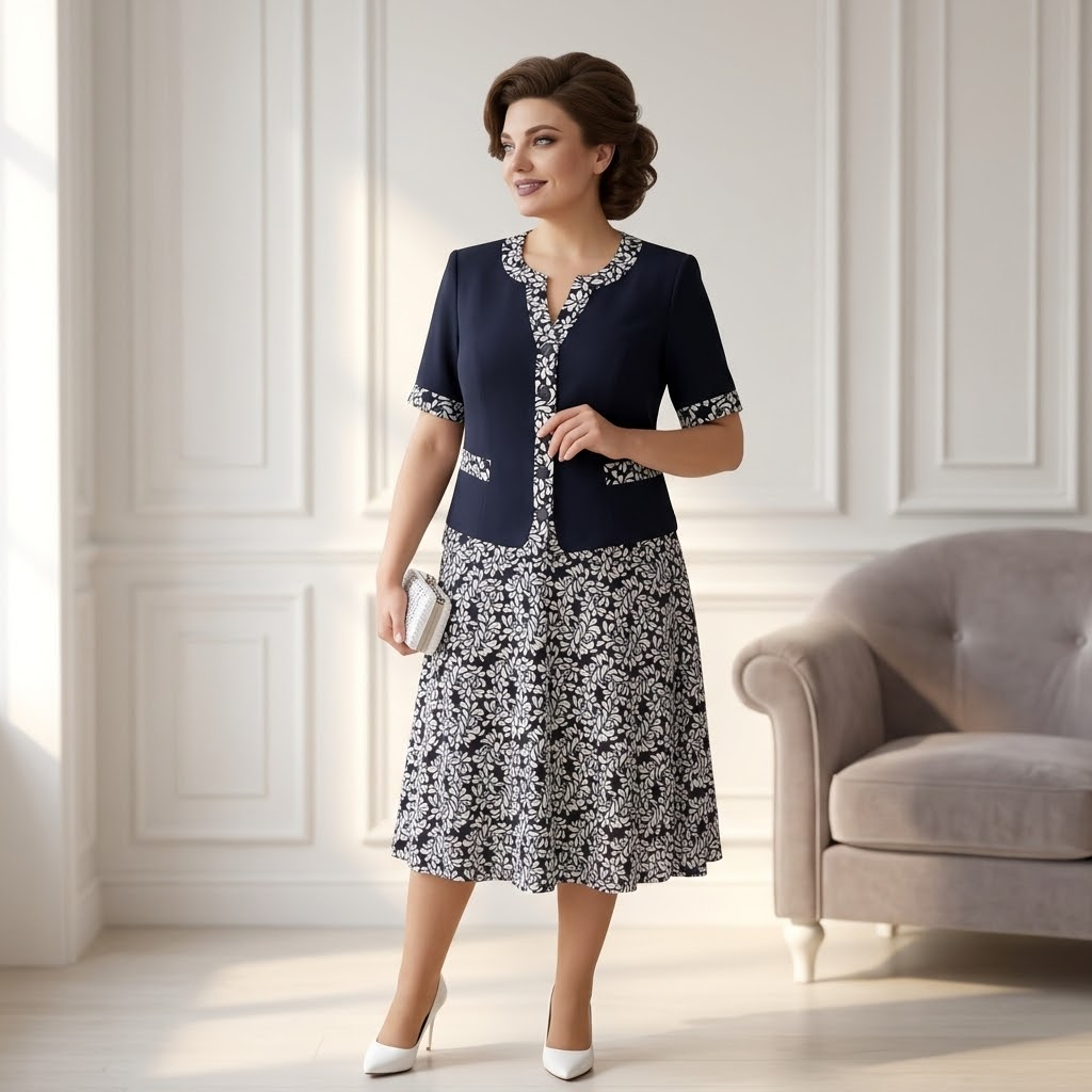 Maelyn™ Elegant Navy Floral Dress with Built-in Jacket