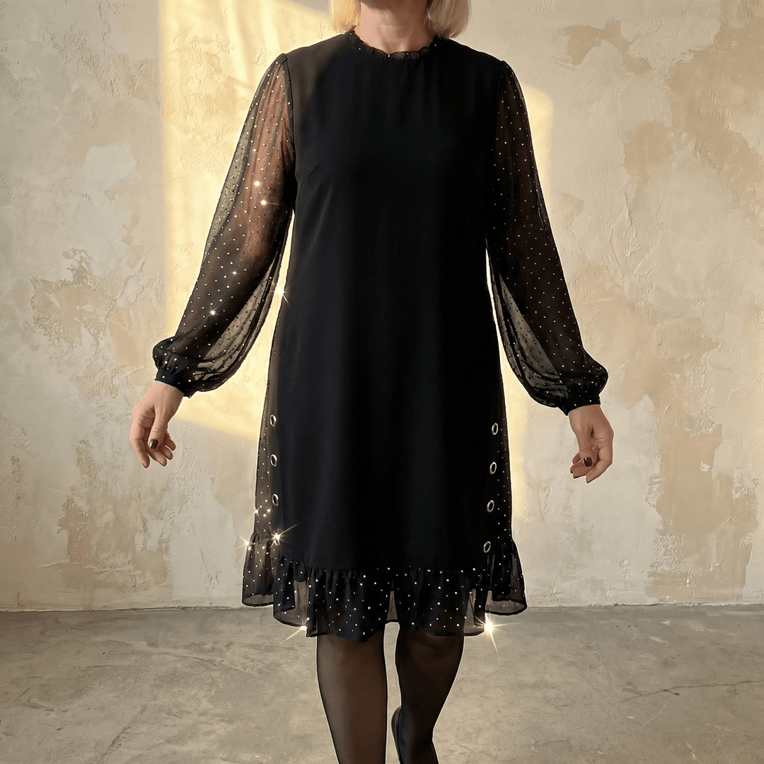 Lumiveil™ – Rhinestone Mesh Sleeve Dress with Ruffle Hem