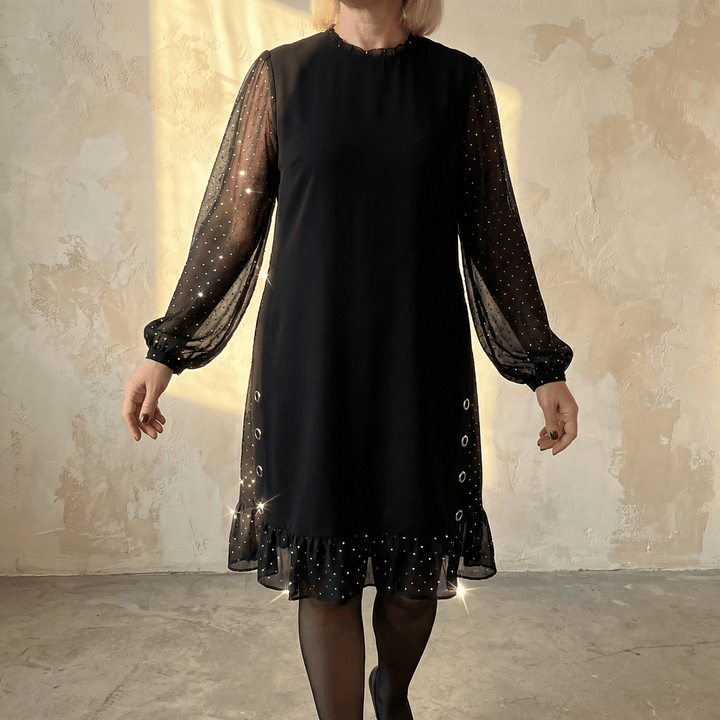 Lumiveil™ – Rhinestone Mesh Sleeve Dress with Ruffle Hem