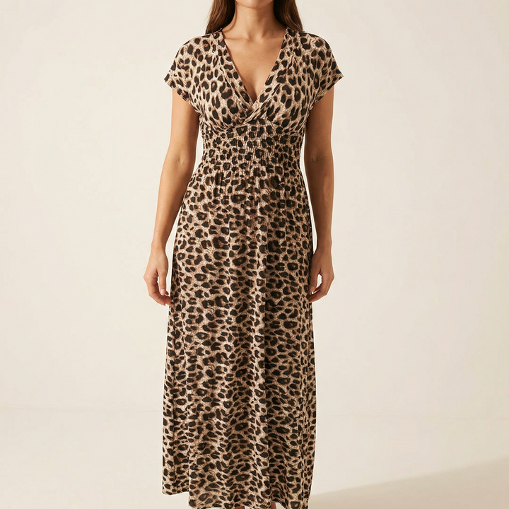 Vivara™ – Ruched Waist Leopard Maxi Dress
