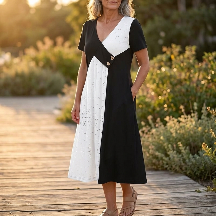 Vivara™ – Diagonal Patchwork V Neck Midi Dress