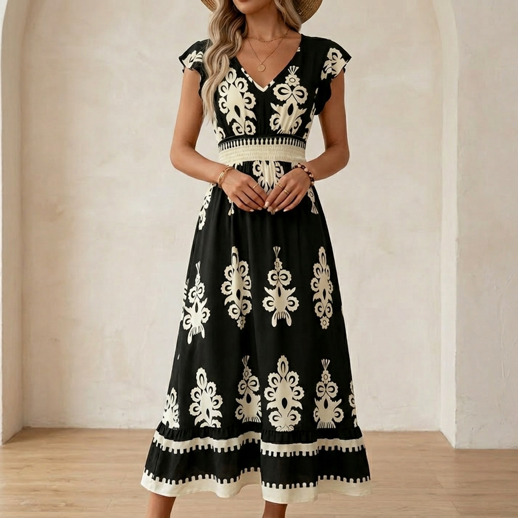 Vivara™ – Baroque Print Flutter Sleeve Maxi Dress
