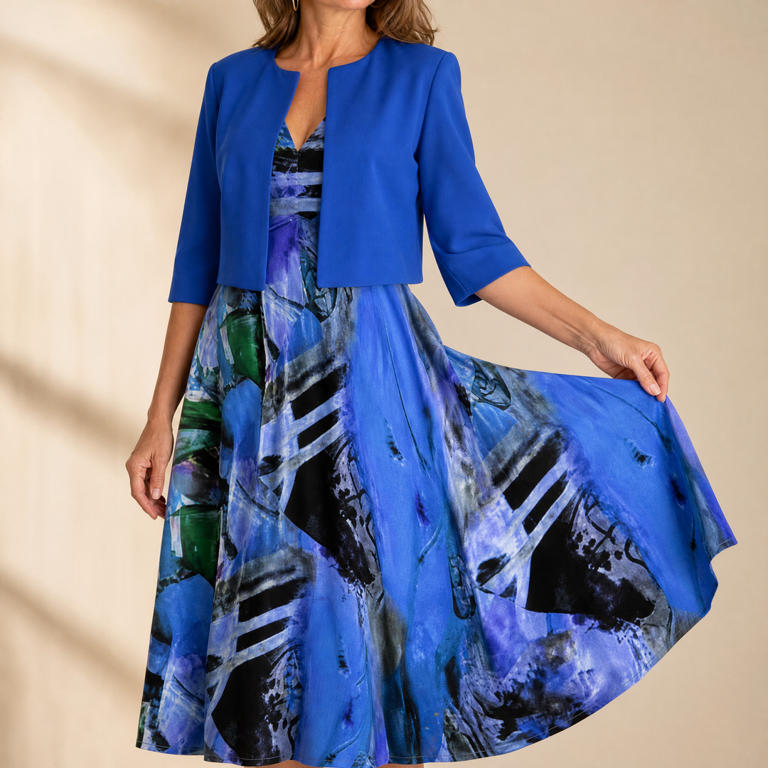 Phaeline™ - Printed Midi Dress with Attached Cardigan