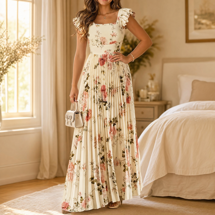 Florelle™ - Square-Neck Floral Pleated Maxi Dress