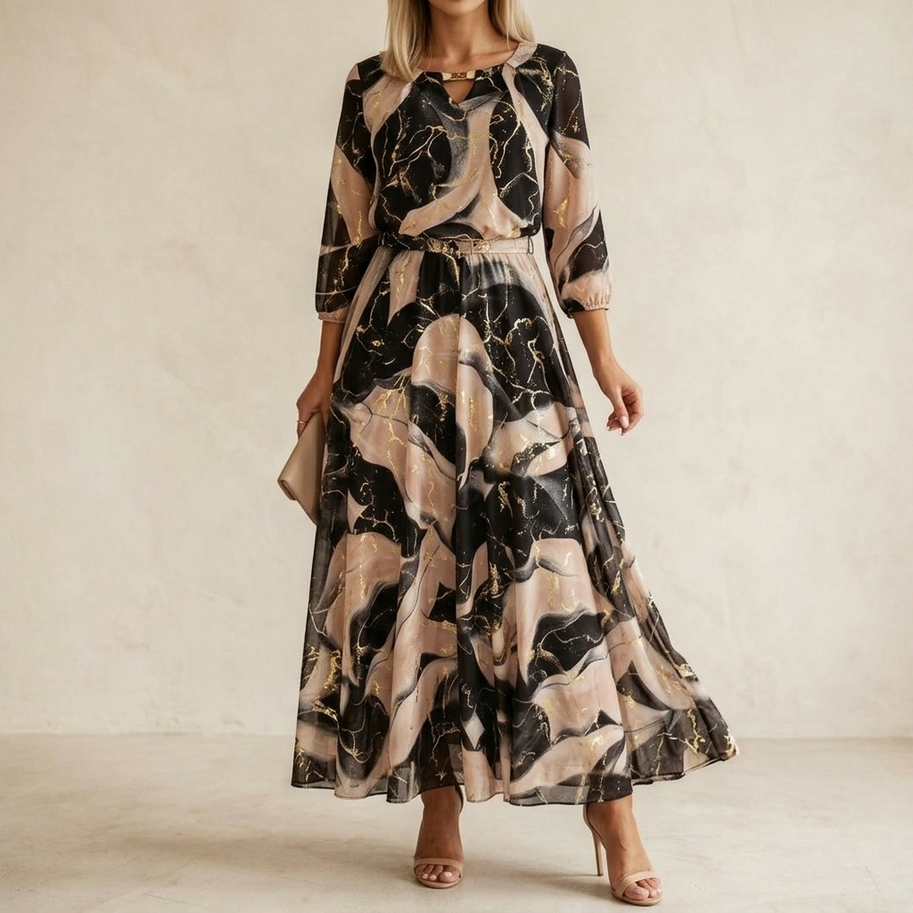 Vivara™ – Marble Gold Chiffon Maxi Dress